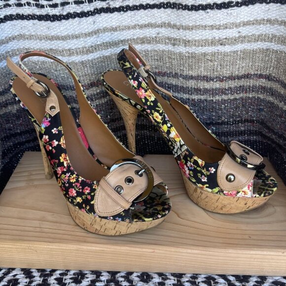 Guess corky open toe heels - black floral with box - Picture 2 of 5